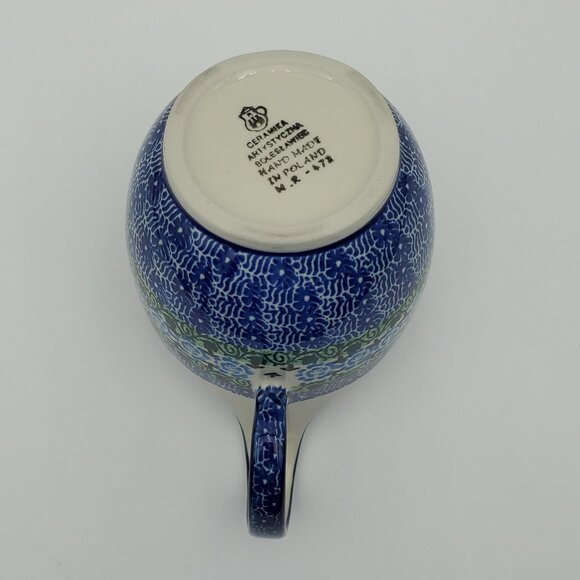 Polish Pottery Loop Handle Bowl Blue Flowers Green Ivy Handled Soup Chili Mug - Picture 6 of 8